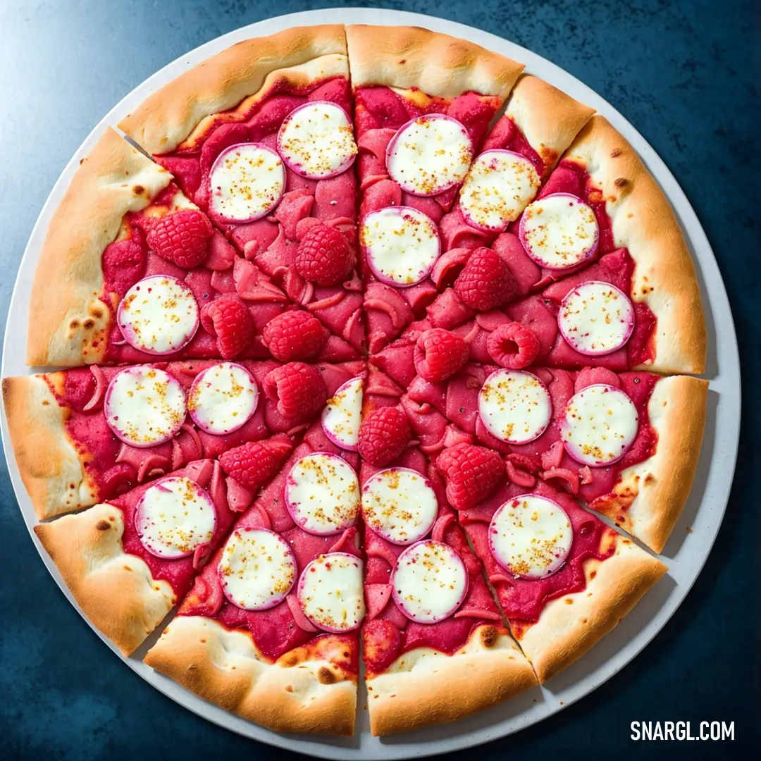 Pizza with raspberries and cream cheese on a plate on a table top with a knife and fork