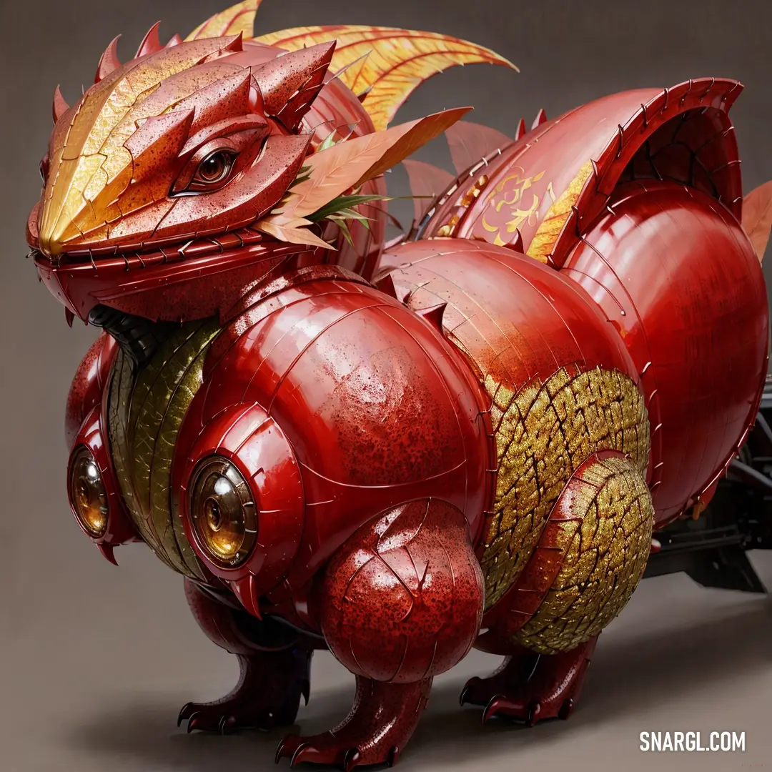 Red and gold dragon statue on a gray background with a black background and a gray background