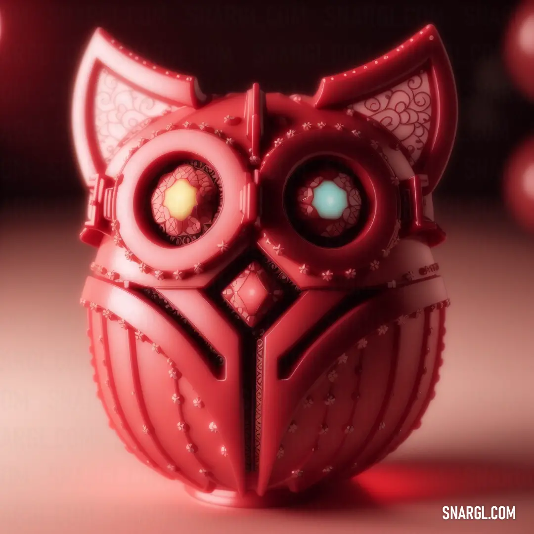 Red owl shaped object with glowing eyes and a decorative pattern on its body