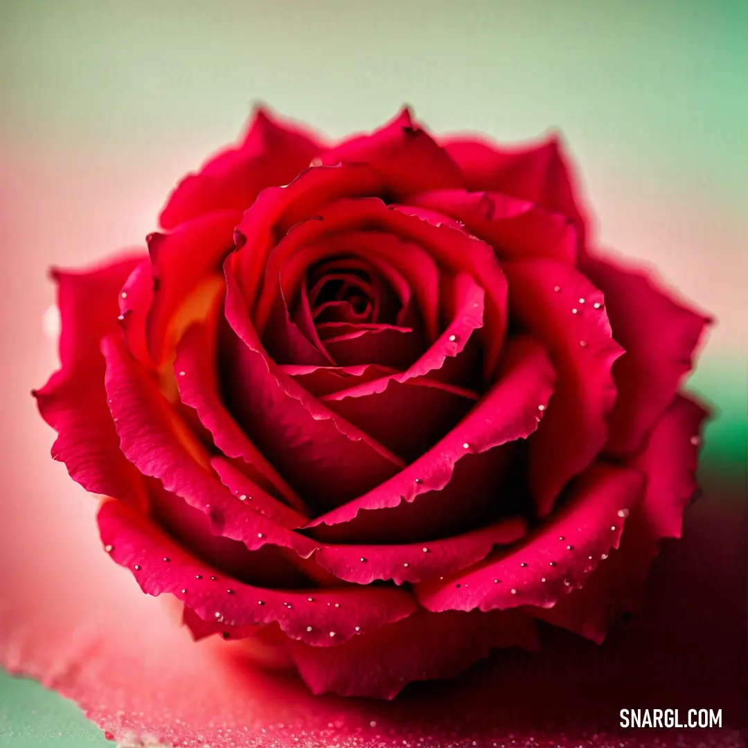 Red rose with water droplets on it's petals and a green background with a pink
