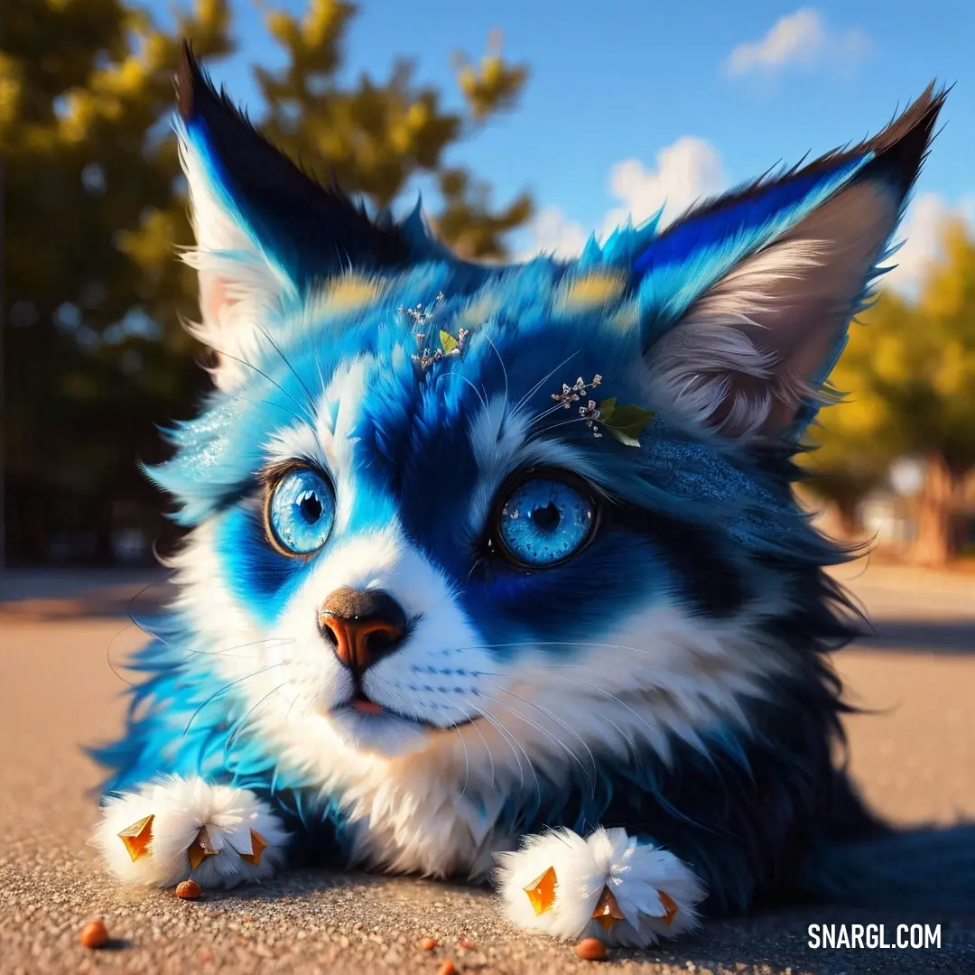 Blue and white cat with blue eyes laying on the ground with a blue sky in the background