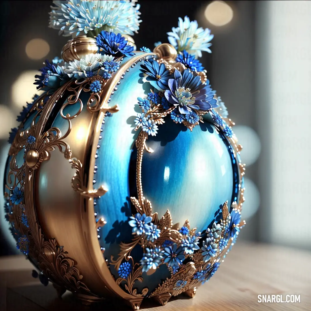 Blue ball with flowers on it on a table next to a window with lights in the background