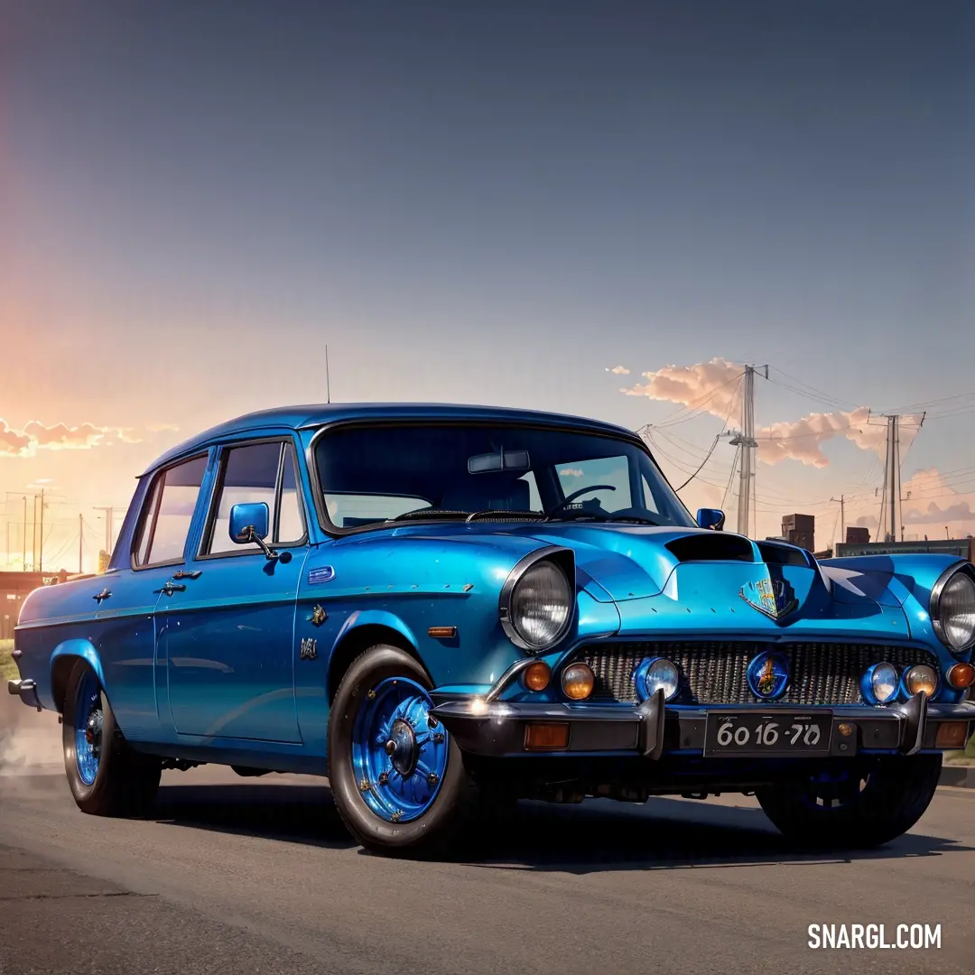 Blue car is parked on the street with a sky background and clouds in the background