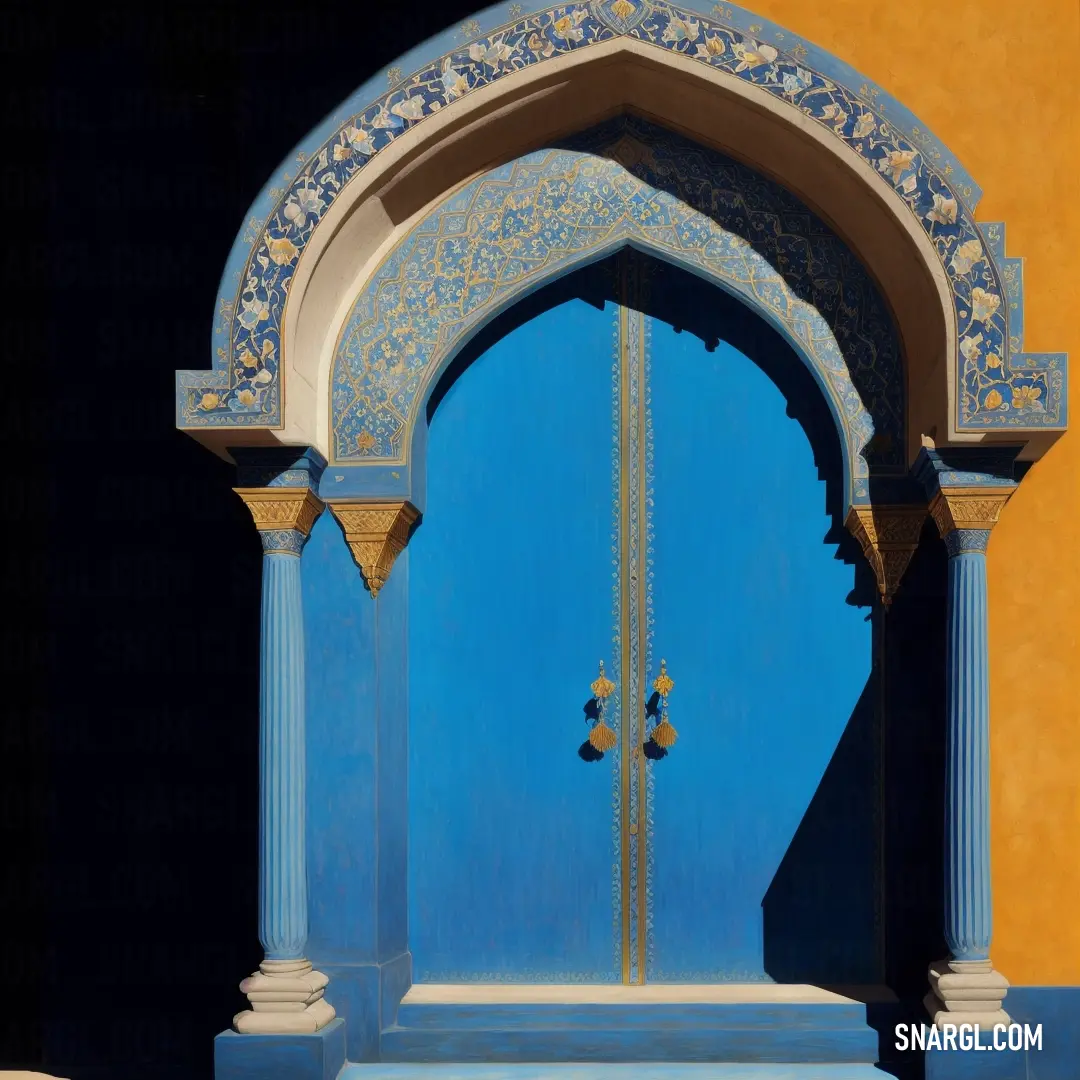 Blue door with a decorative arch and a yellow wall behind it with a blue door handle