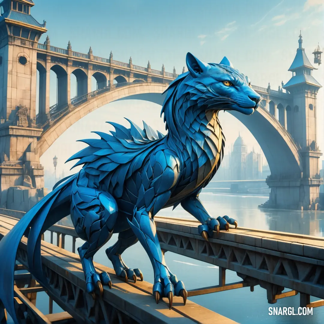Rich electric blue color example: Blue dragon statue on a bridge over a river with a bridge in the background