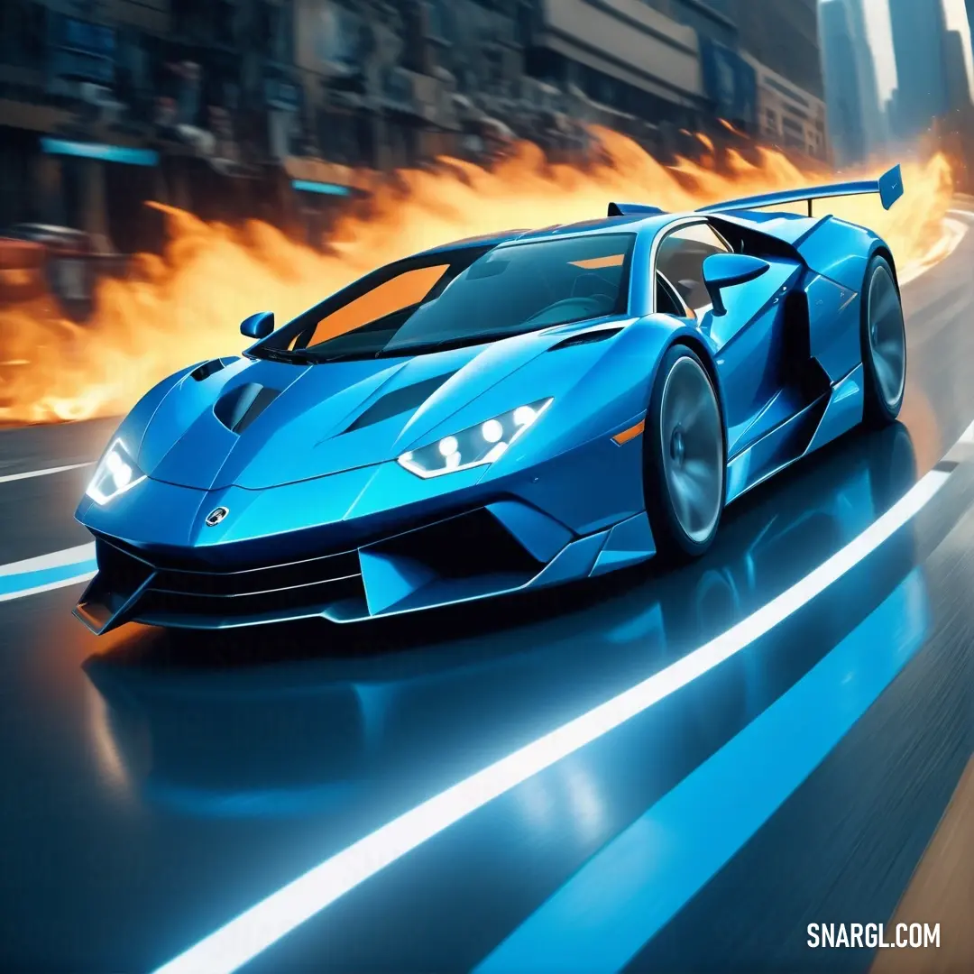 Blue sports car driving down a street with flames coming out of the back of it's hood. Color CMYK 96,30,0,18.