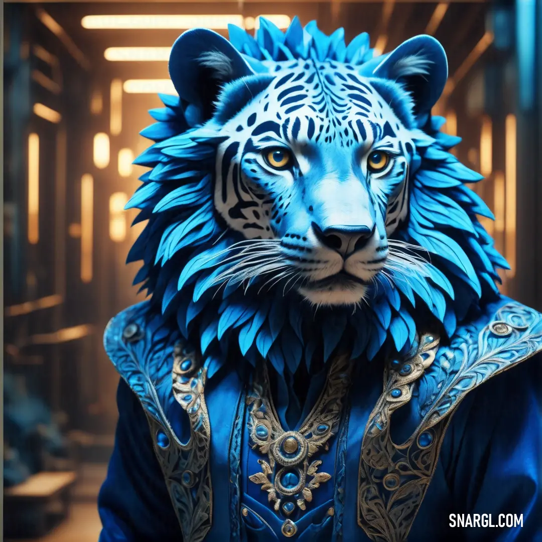 Blue tiger wearing a blue outfit and a blue mask with a white tiger on it's face. Example of #0892D0 color.