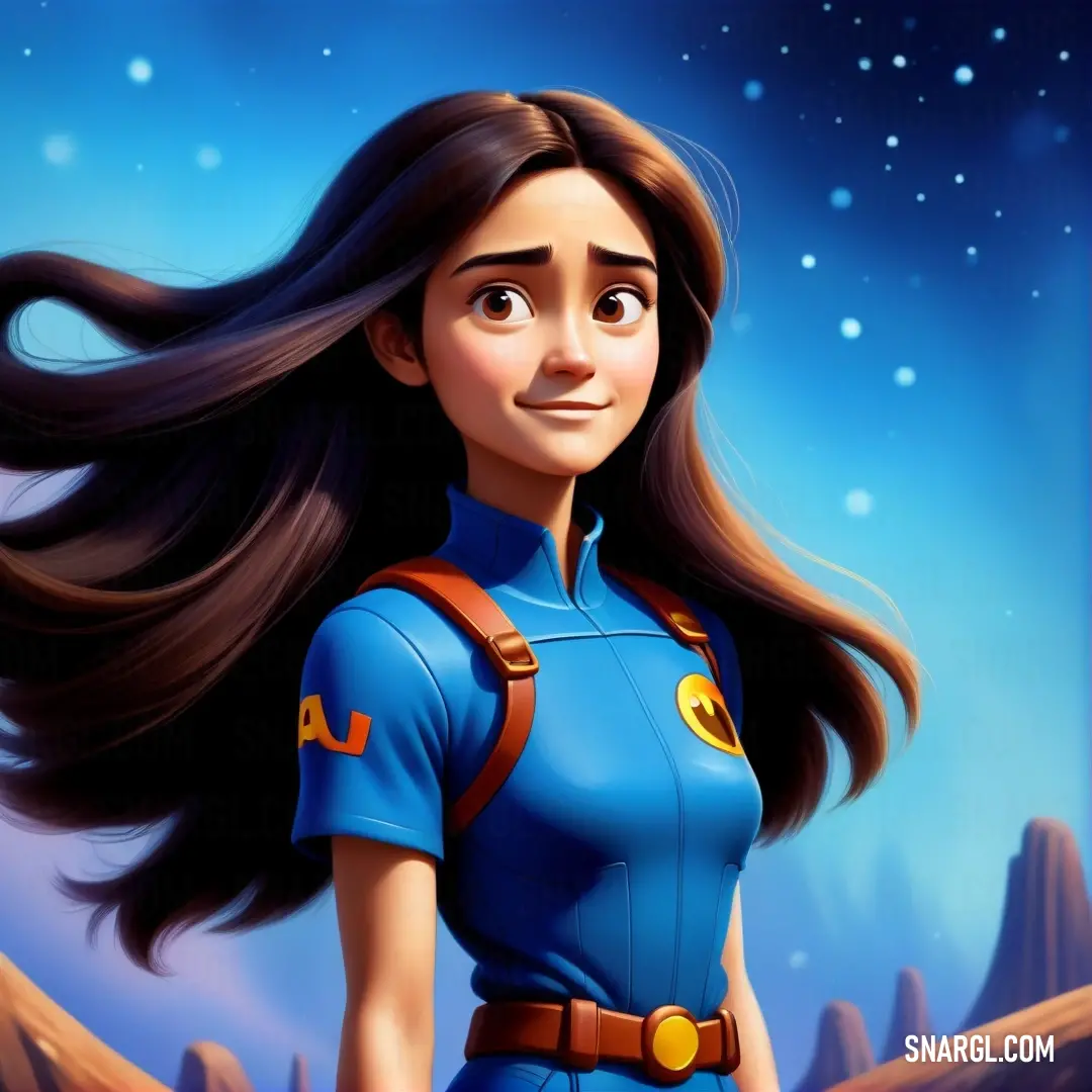 Cartoon girl with long hair and a blue uniform is standing in front of a mountain range and stars. Color #0892D0.