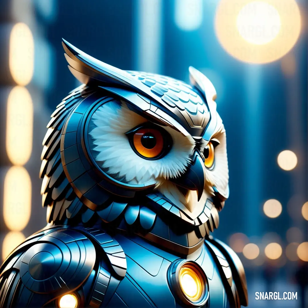 Close up of a toy owl with a light on its head and a building in the background with lights. Example of #0892D0 color.