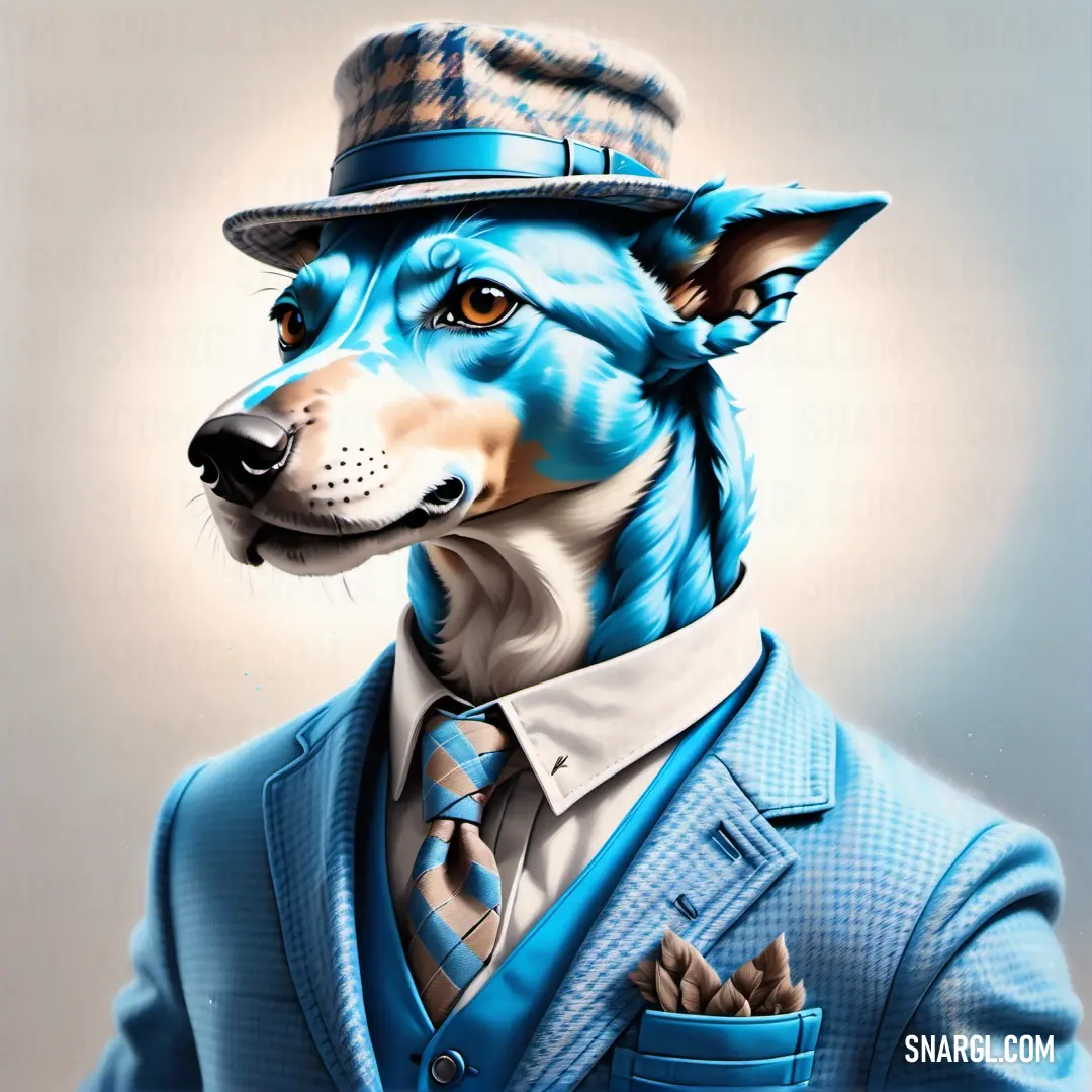 Dog in a suit and tie with a hat on his head and a blue suit with a white shirt. Example of CMYK 96,30,0,18 color.