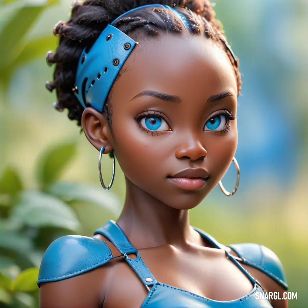 Doll with blue eyes and a blue dress with a blue headband and earrings on her head. Color Rich electric blue.