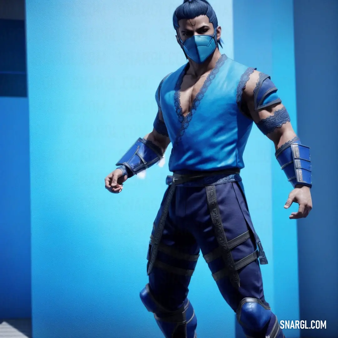 Man in a blue outfit with a mask on and a blue background is shown in a photo