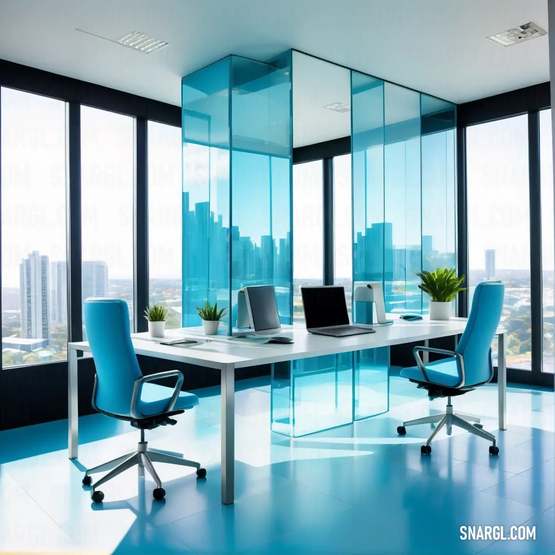 Modern office with a view of the city outside the window and a desk with two laptops on it. Example of RGB 8,146,208 color.