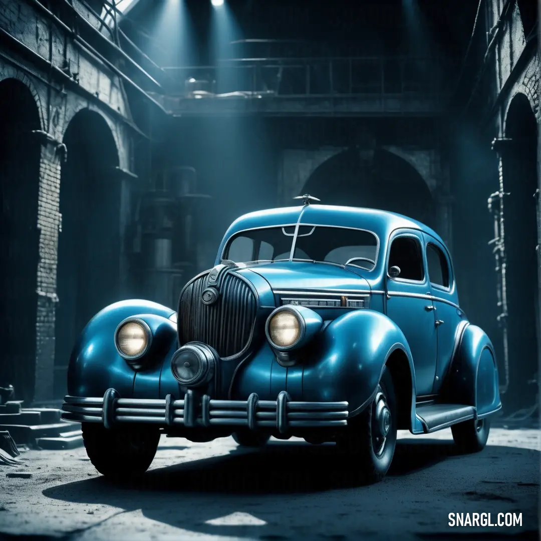 Blue car parked in a dark alley with a spotlight on it's side and a light shining on the front. Color Rich electric blue.