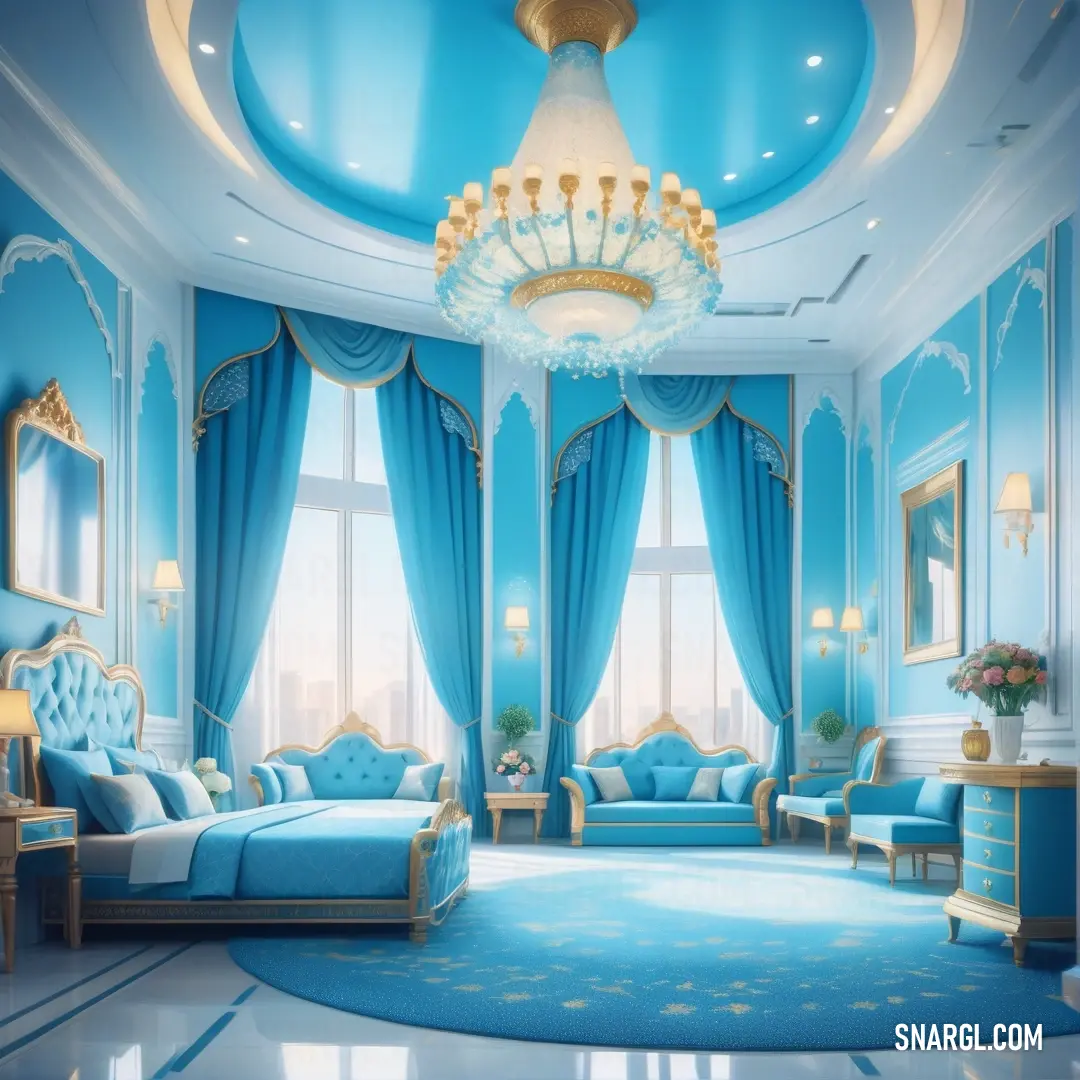 Blue room with a chandelier and a couch and a chair in it and a chandelier hanging from the ceiling. Color CMYK 96,30,0,18.