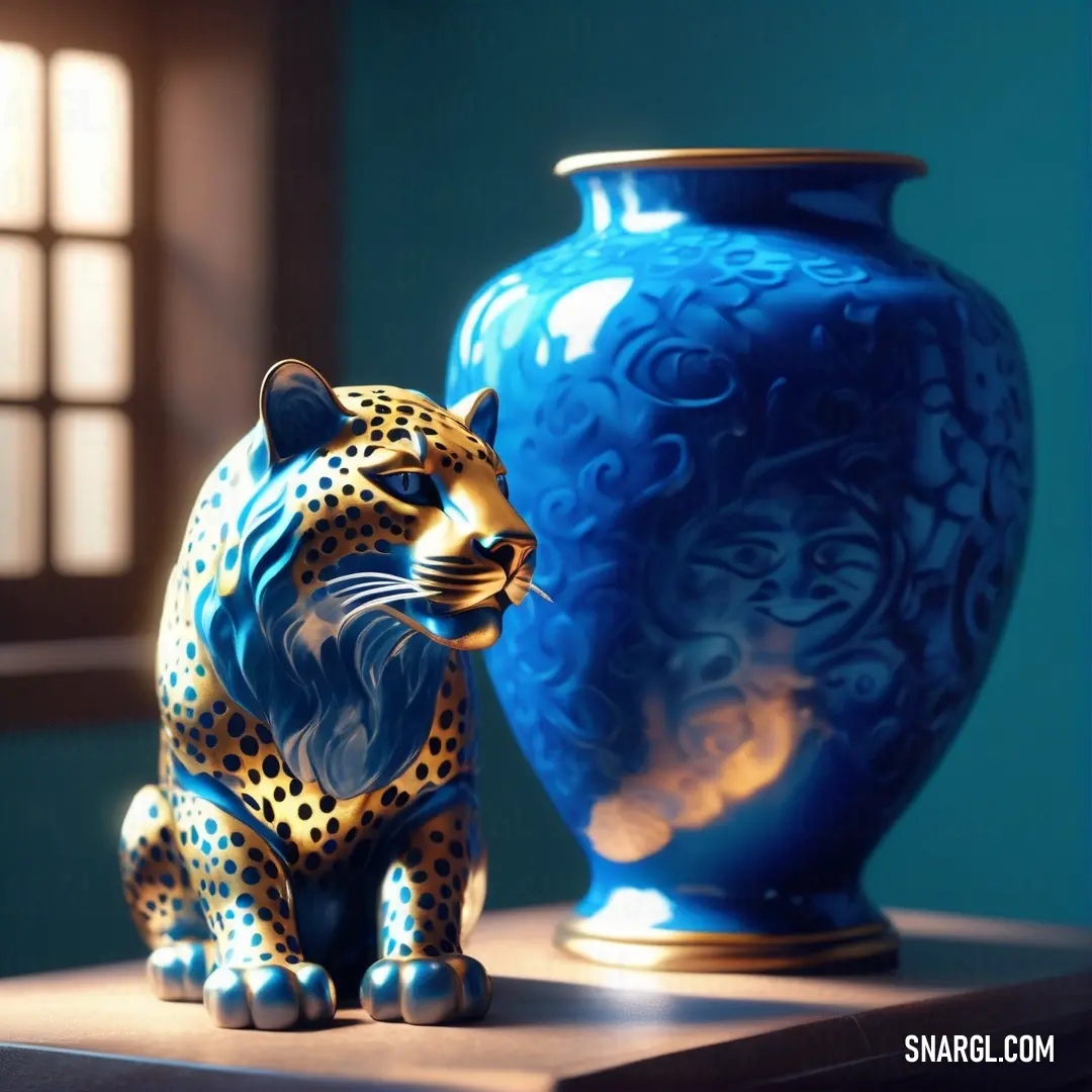 Blue vase with a leopard figurine next to it on a table next to a blue vase. Color Rich electric blue.