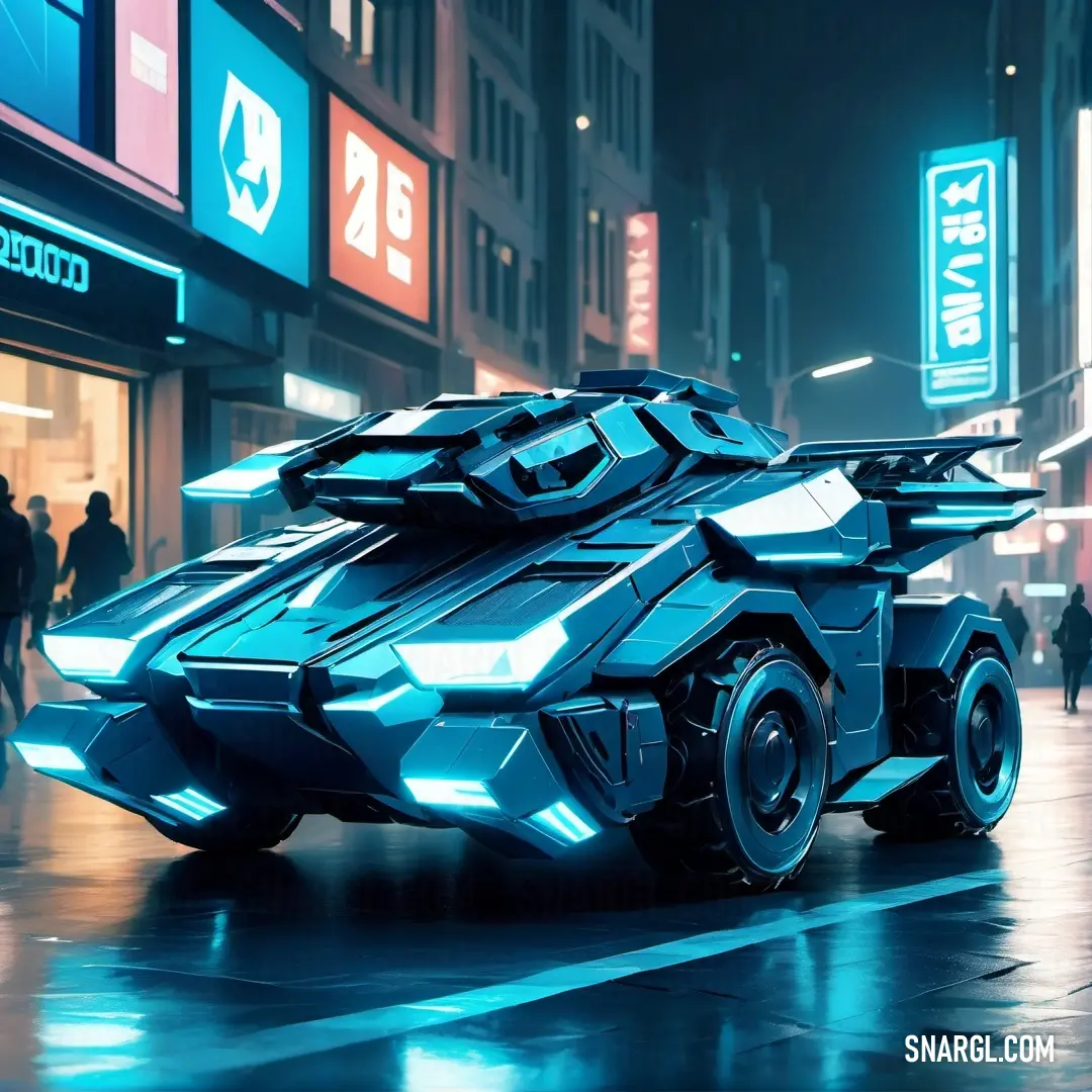 Futuristic vehicle is parked on a city street at night time. Color CMYK 96,30,0,18.