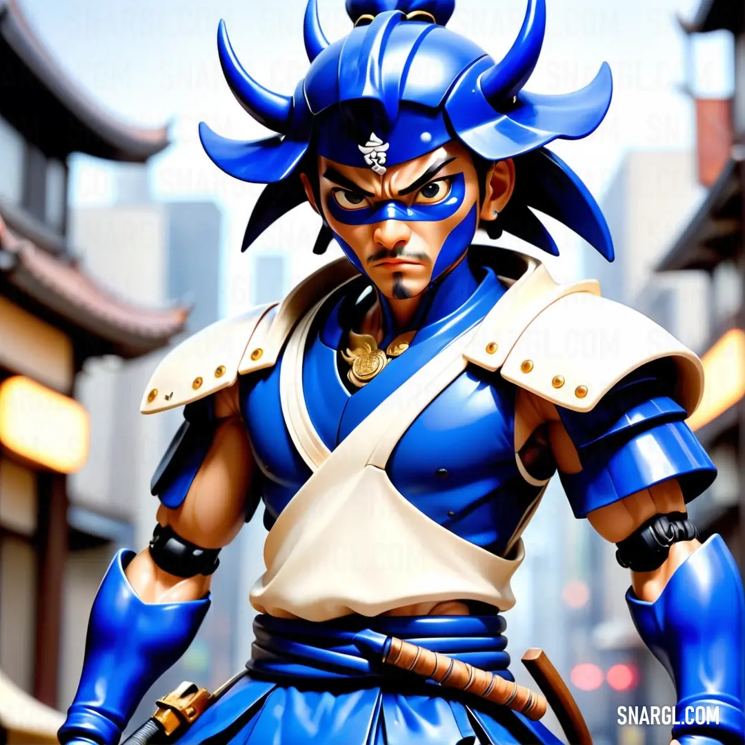 Statue of a man in a blue and white outfit with horns on his head. Color Rich electric blue.