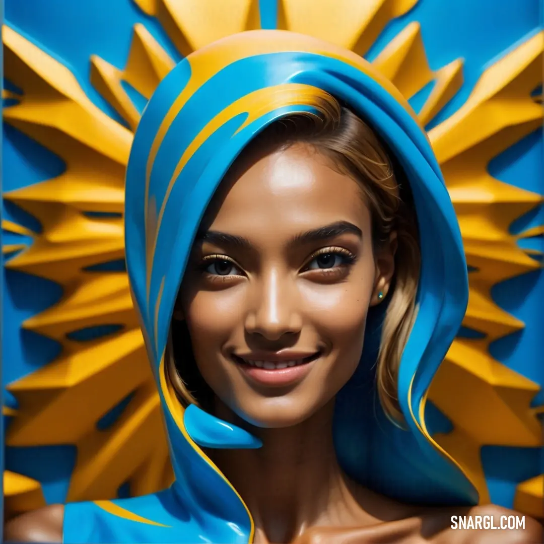 Woman with a blue headdress and a sun behind her head is smiling at the camera and has her face painted yellow