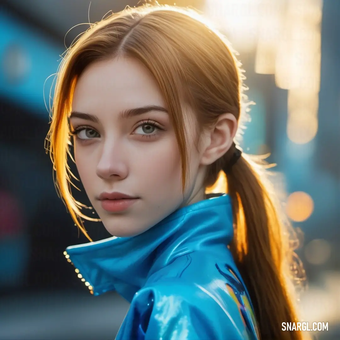 Woman with a ponytail wearing a blue jacket and a ponytail with a ponytail in her hair is looking at the camera