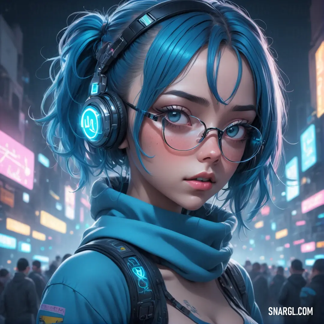 Woman with blue hair and headphones in a city at night with neon lights and neon signs on the buildings. Color CMYK 96,30,0,18.