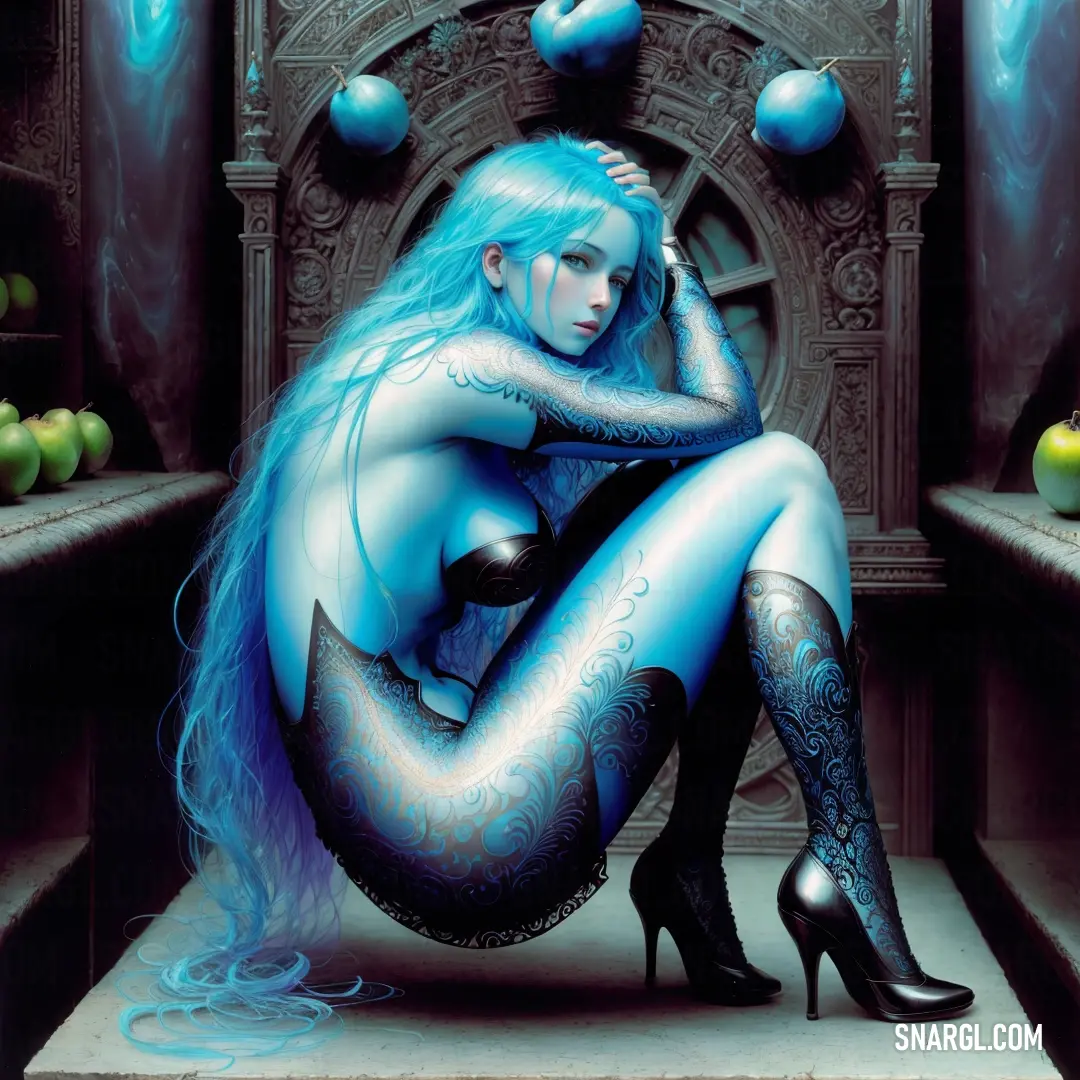 Woman with blue hair and tattoos on a step in a room with apples and a door in the background