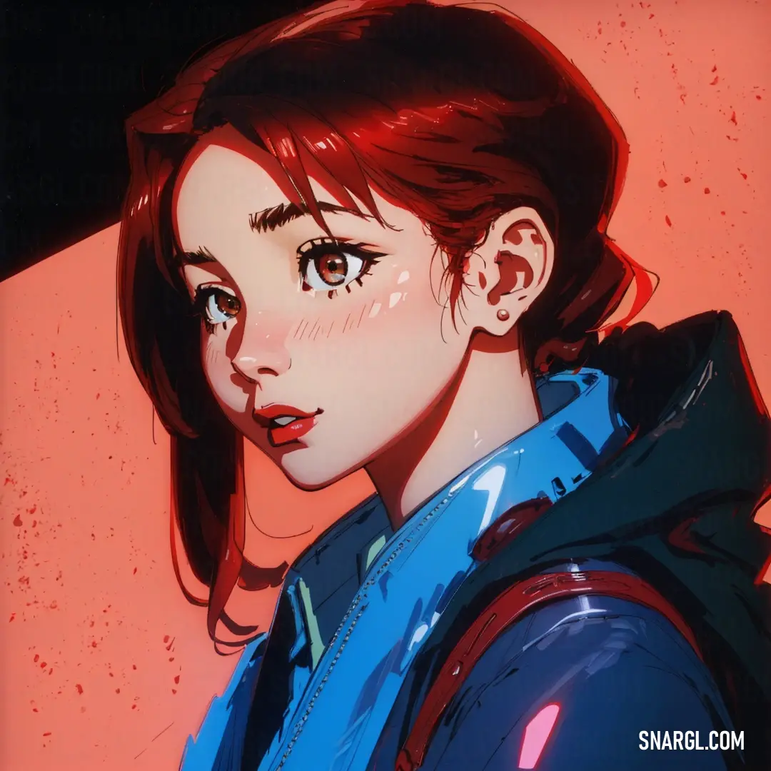 Rich electric blue color. Woman with red hair and a blue jacket is staring at the camera