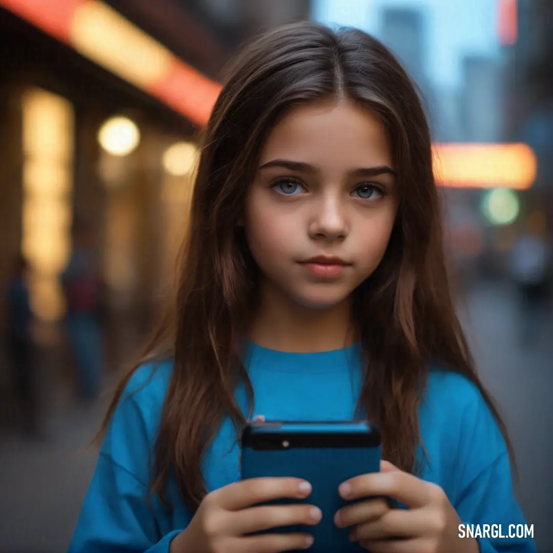 Young girl holding a smart phone in her hands and looking at the camera. Example of #0892D0 color.