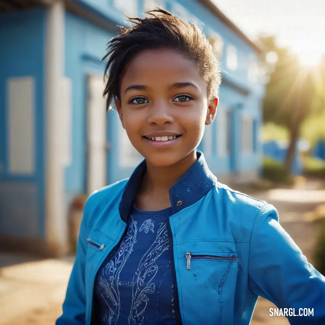 Young girl standing in front of a blue building with a smile on her face. Color Rich electric blue.