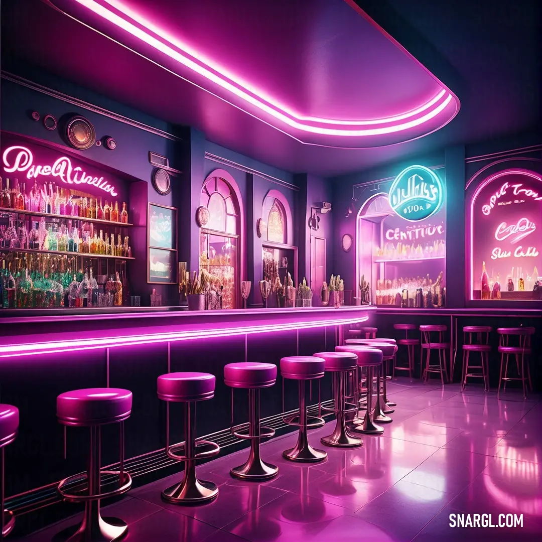 Bar with a lot of stools and neon lights on the walls and a bar. Example of RGB 182,102,210 color.