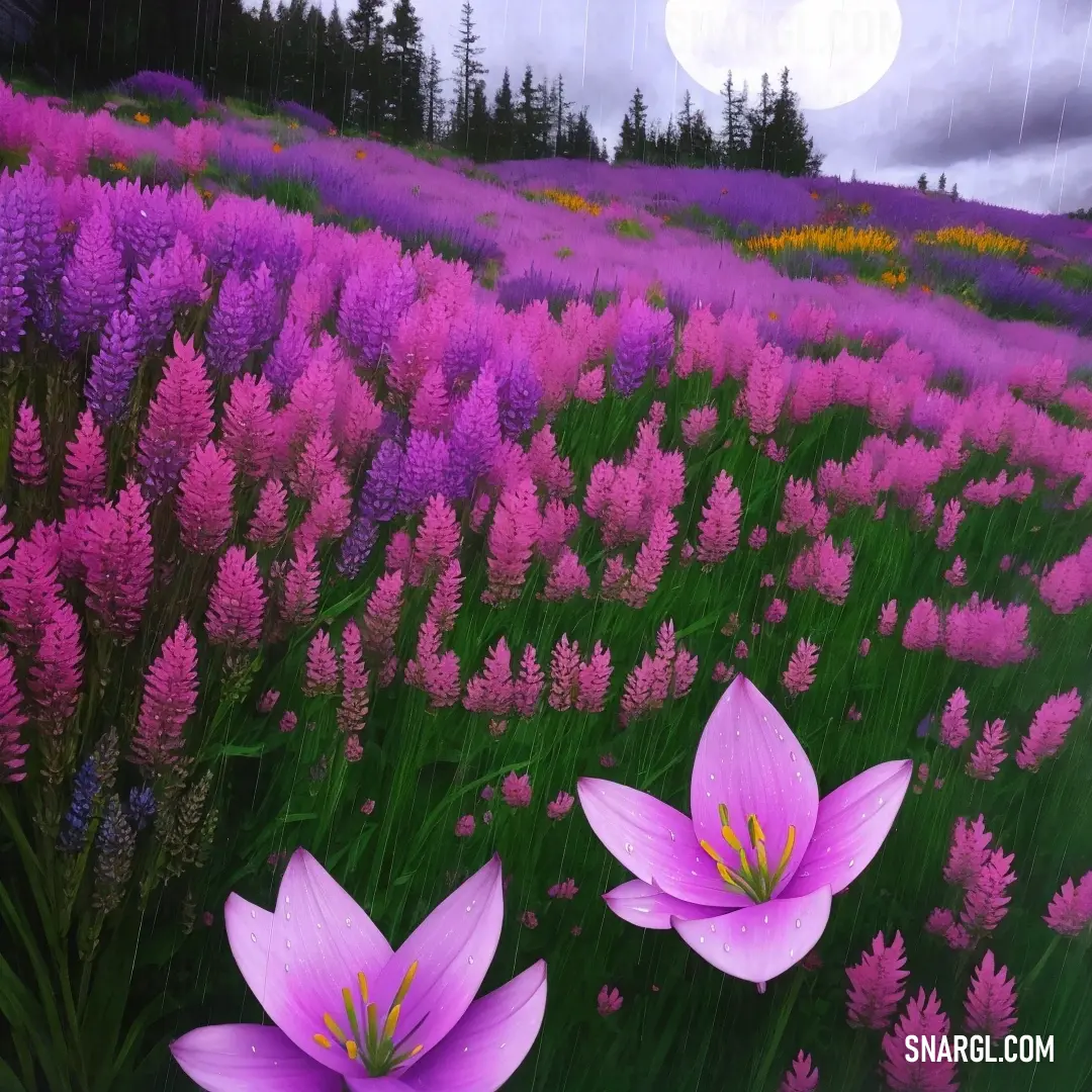 Field of flowers with a full moon in the background. Example of CMYK 13,51,0,18 color.