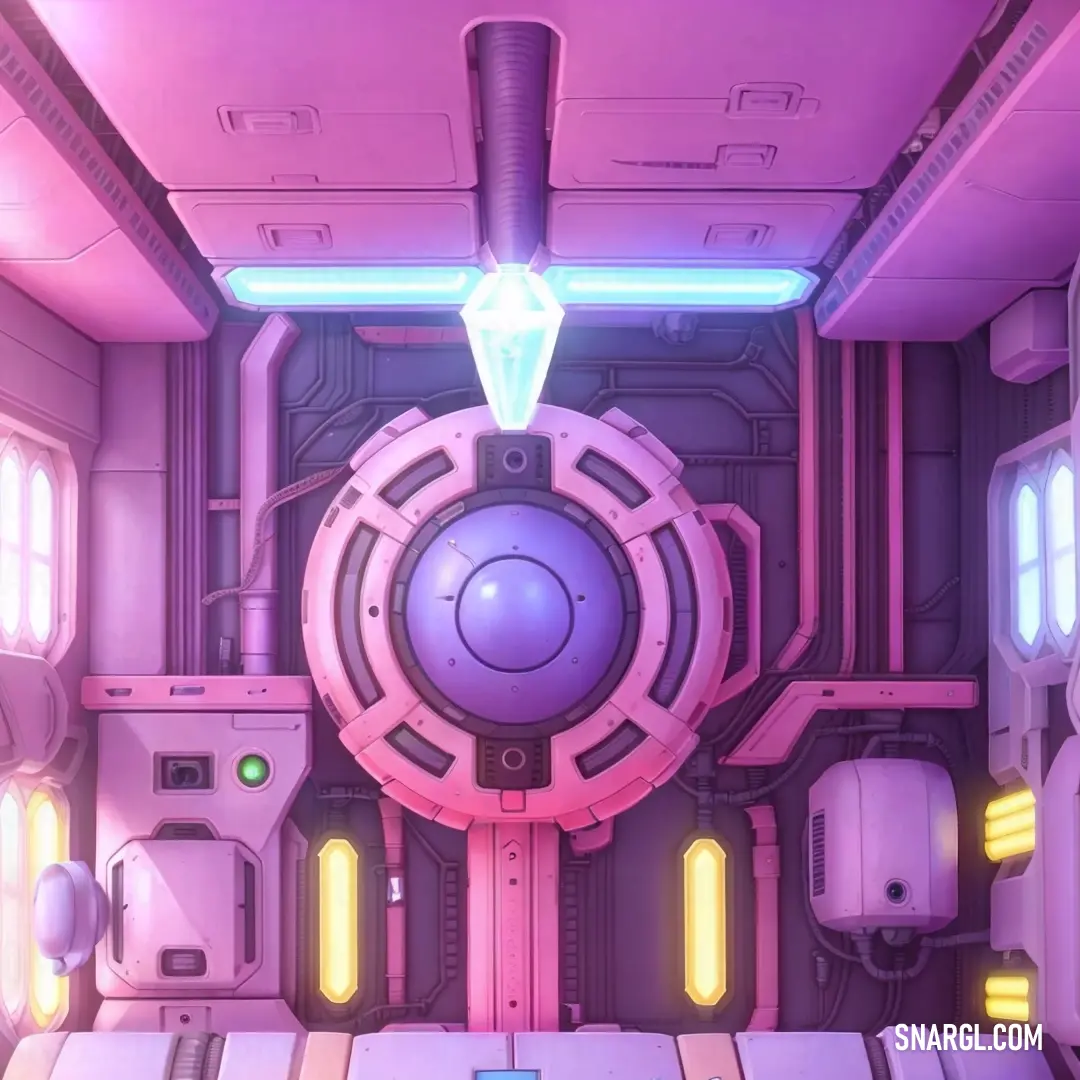 Futuristic room with a large metal object in the center of it and a neon light above the door