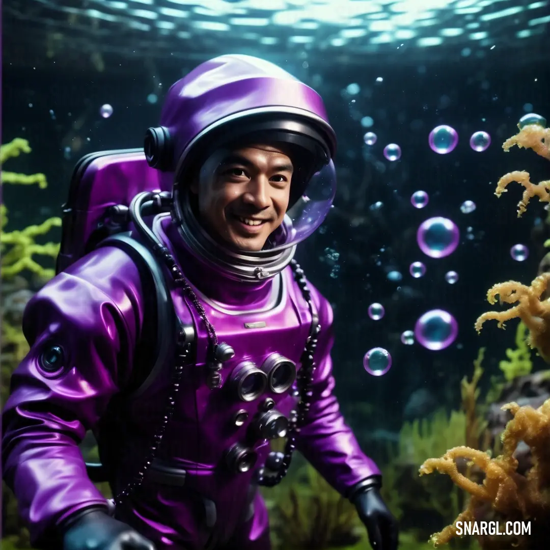 Man in a purple suit and helmet standing in front of a fish tank with bubbles of water on it. Color RGB 182,102,210.