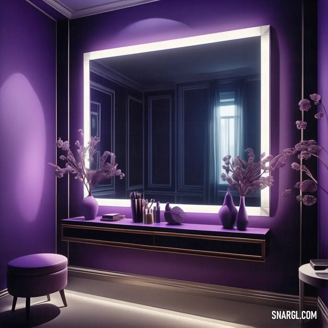 Purple room with a large mirror and a bench with flowers in it and a stool. Color RGB 182,102,210.