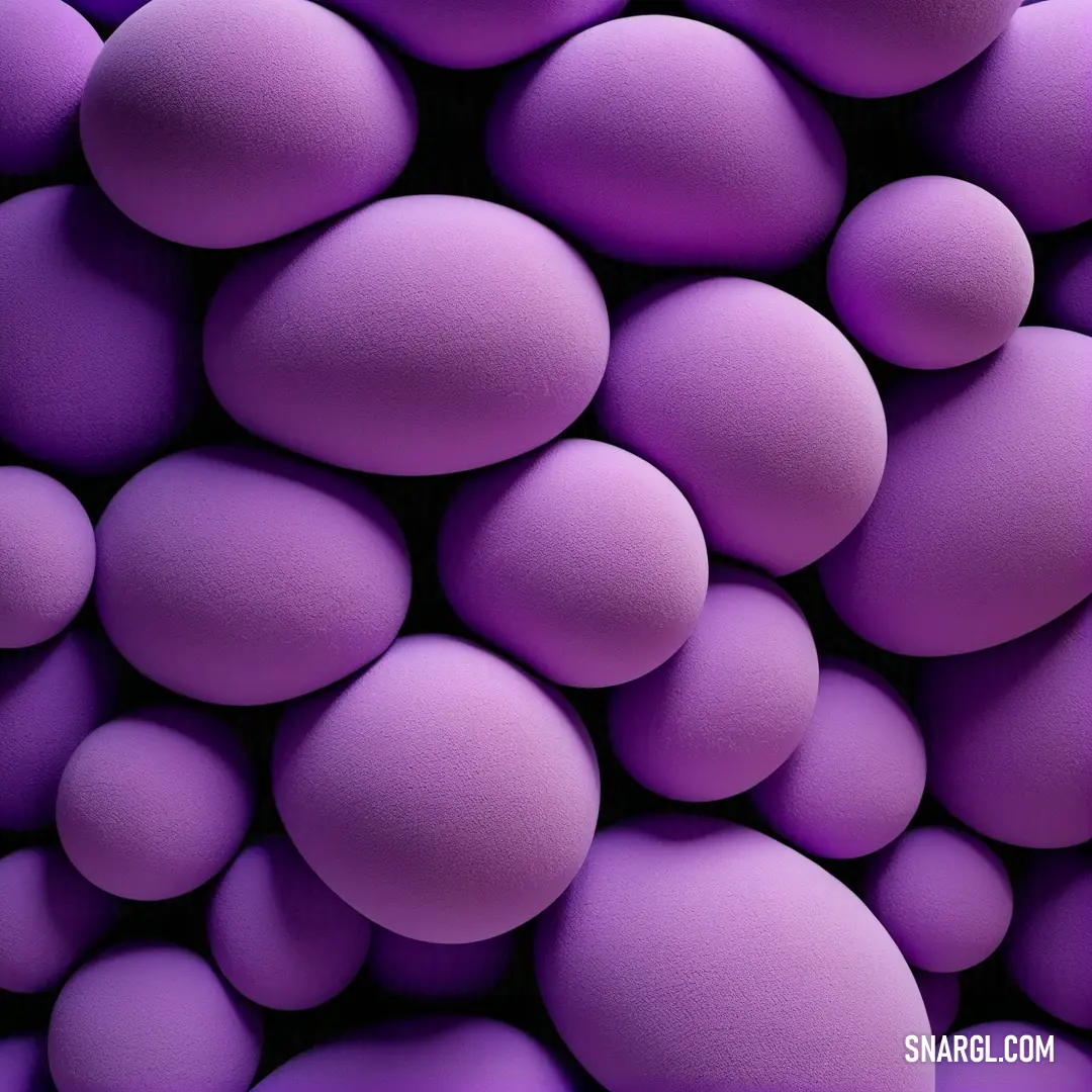 Bunch of purple balls are stacked together in a pile, with a black background. Example of CMYK 13,51,0,18 color.
