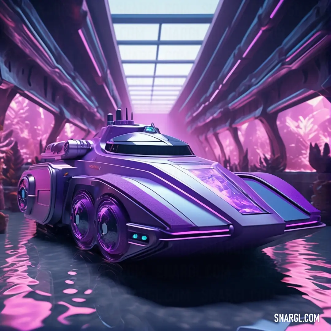 Futuristic vehicle is in a futuristic setting with pink lights and a purple background. Color RGB 182,102,210.