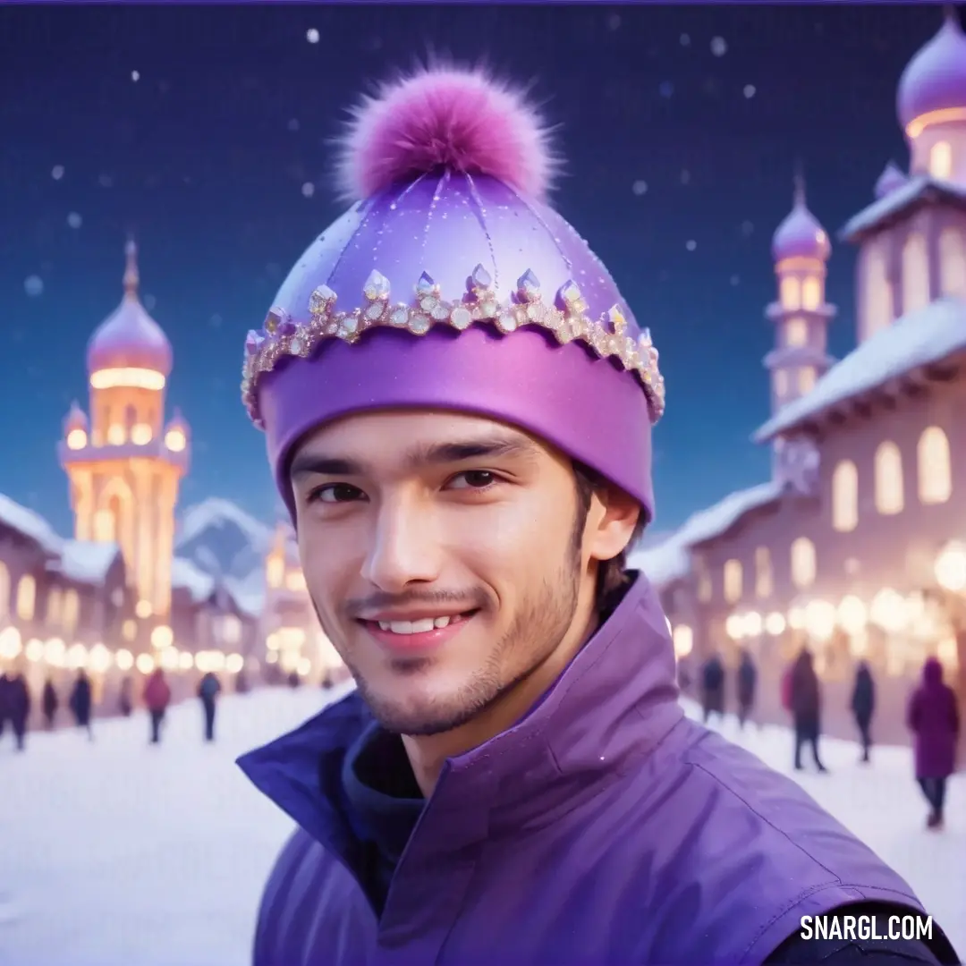 Man wearing a purple hat with a pink pom pom on it's head in front of a snowy city. Example of RGB 182,102,210 color.