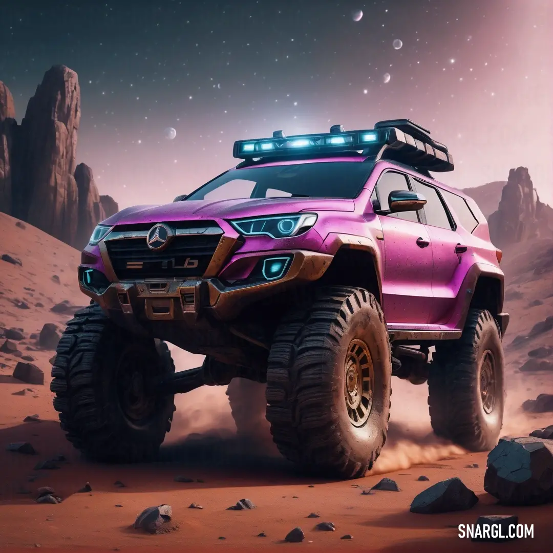 Rich lilac color example: Pink truck driving through a desert with rocks