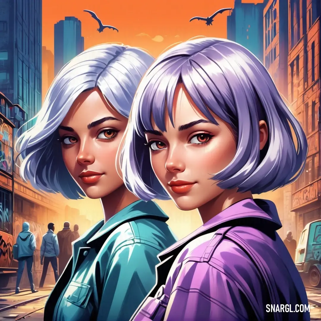Two women standing next to each other in a city street with a bird flying overhead and a man in the background