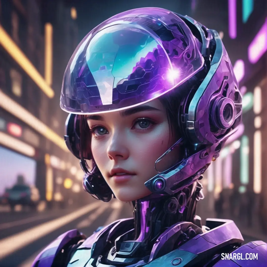 Woman in a futuristic suit and helmet looking at the camera with a city in the background. Color CMYK 13,51,0,18.