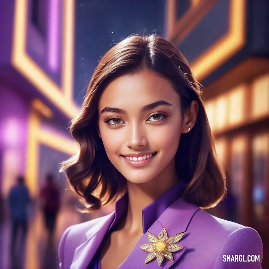 Woman in a purple suit and a star brooch on her lapel smiling at the camera. Color RGB 182,102,210.
