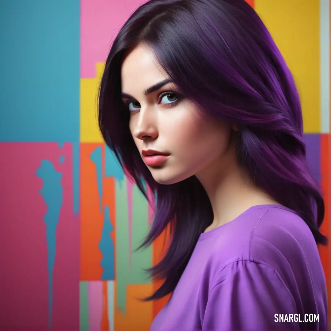 Woman with purple hair and blue eyes is posing for a picture in front of a colorful background. Color #B666D2.