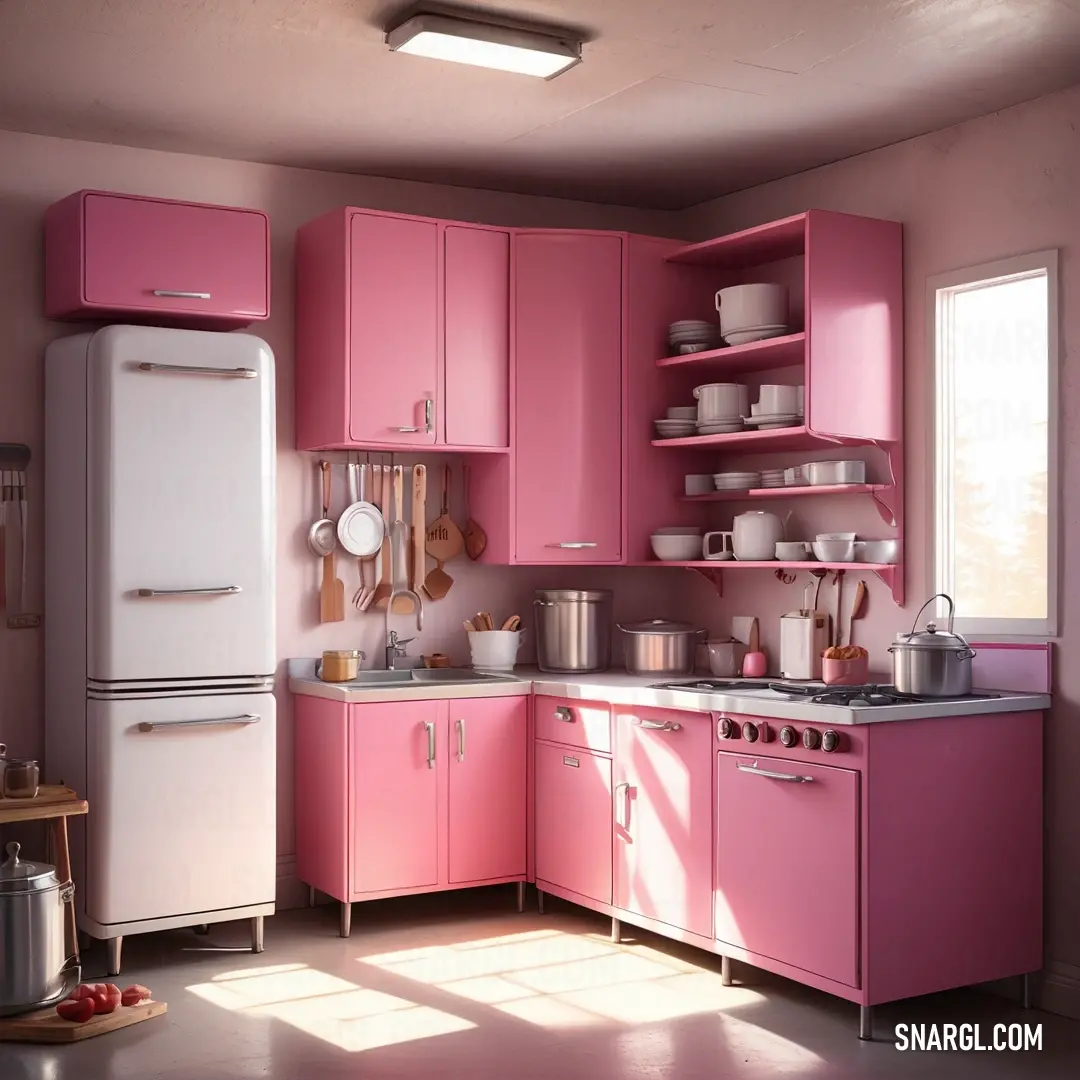 Kitchen with pink cabinets and white appliances and a window with a bright light coming in from the window. Color RGB 176,48,96.