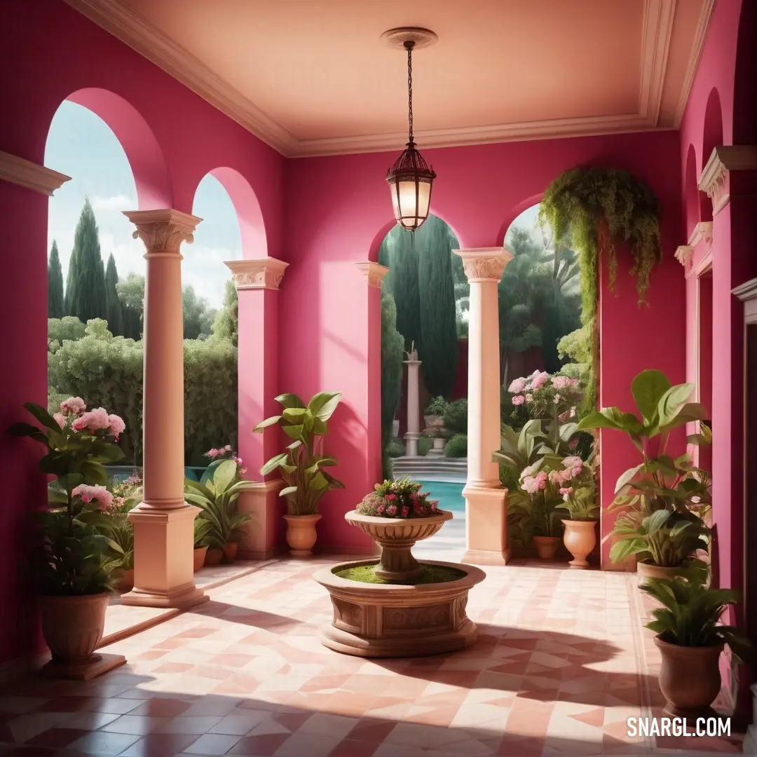 Rich maroon color example: Painting of a courtyard with a fountain and potted plants in the center of the room