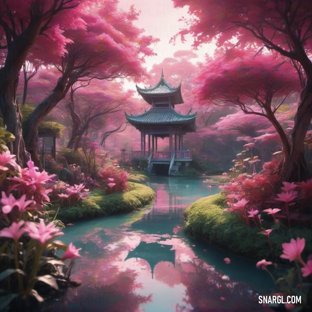Painting of a pagoda in a park with pink flowers and trees around it and a stream running through the center. Color Rich maroon.