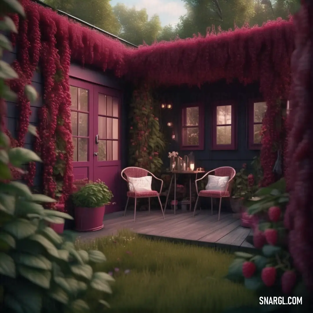 Rich maroon color example: Painting of a patio with chairs and a table with a candle on it and a potted plant