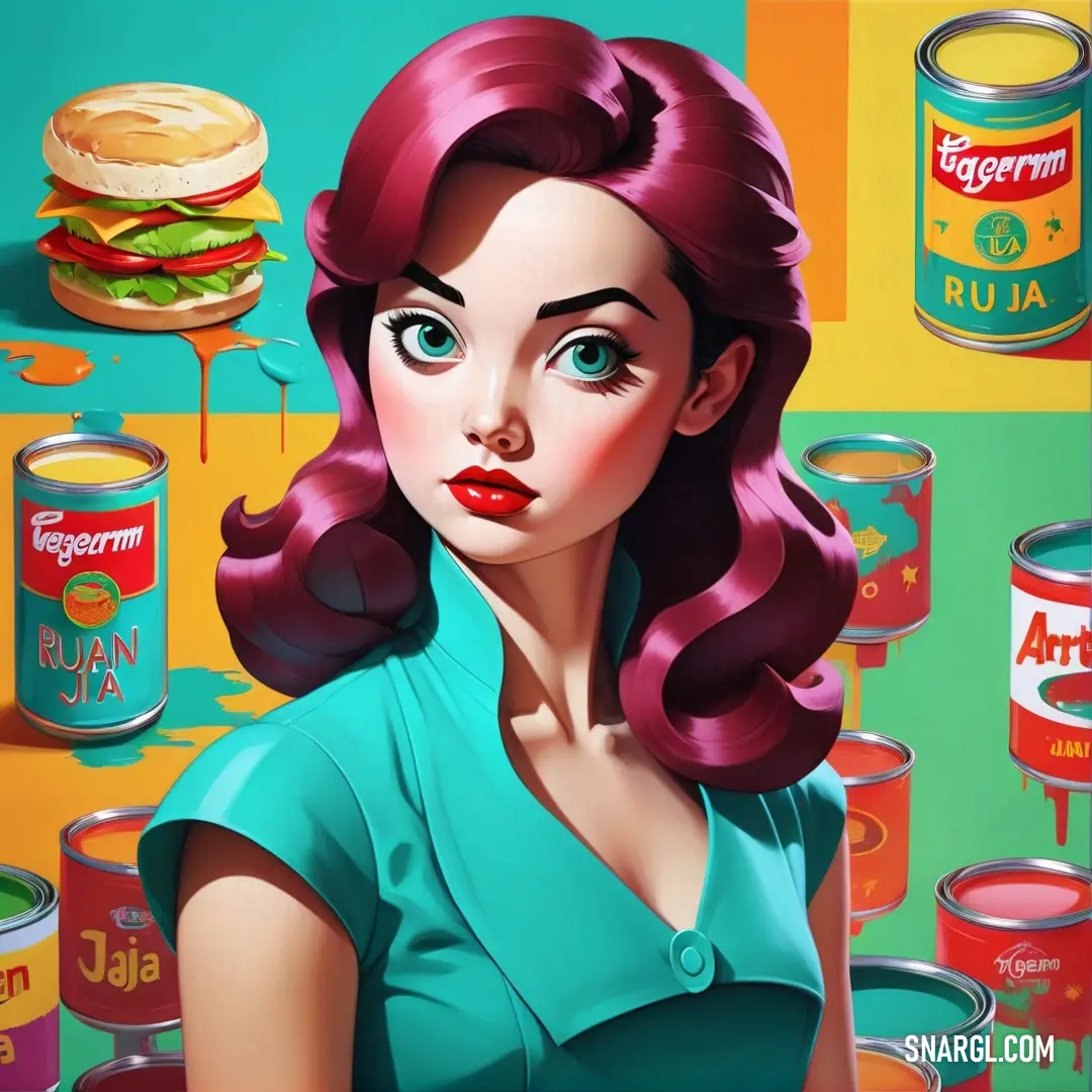 Painting of a woman with red hair and a hamburger in the background. Color RGB 176,48,96.