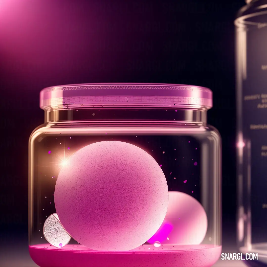 Pink ball in a glass jar with a pink background and a purple background