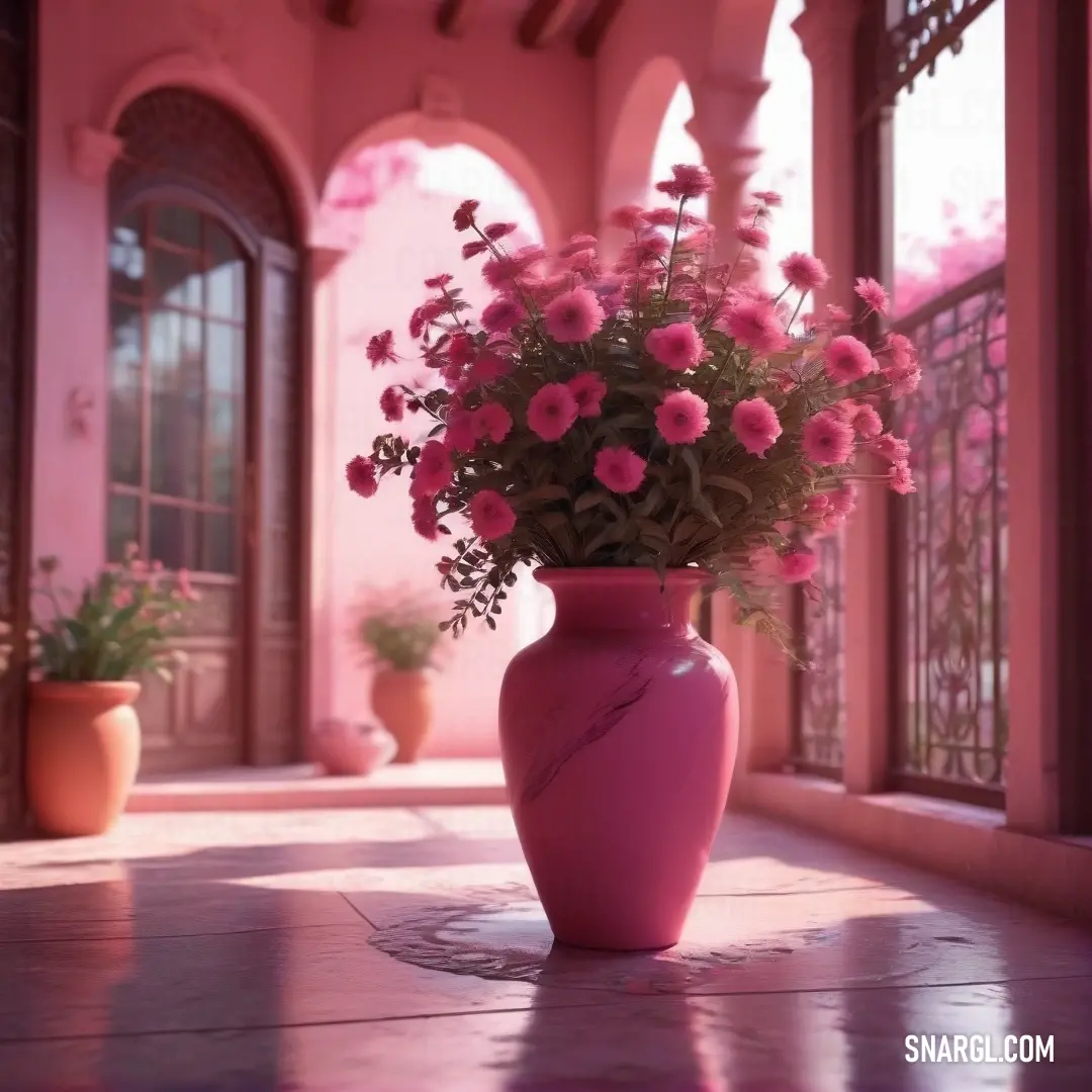 Pink vase with pink flowers in it on a tile floor in a hallway with potted plants. Color RGB 176,48,96.