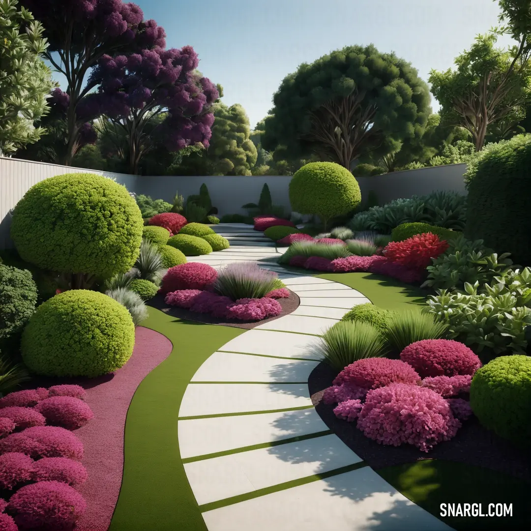 Garden with a path and trees and bushes and bushes and bushes and bushes and bushes and bushes and bushes and bushes